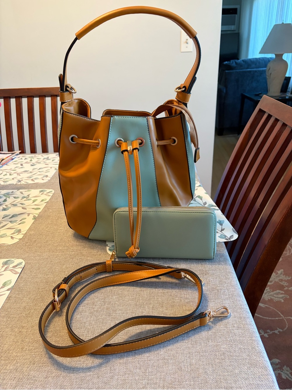 NWOT Vegan Leather Two-Tone Tan and Light Blue Bucket Bag with Wallet